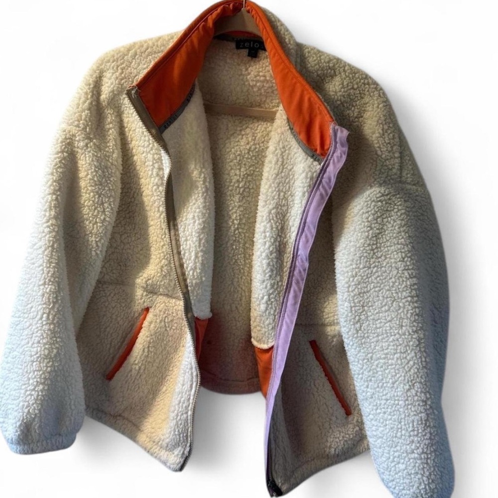 ZELOS Cream Teddy Jacket with Orange and Purple Accents